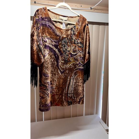 COTTON CLUB BROWN VELOUR PAISLEY SHIRT FRINGE SLEEVES SIZE 10 NEW - Picture 1 of 12